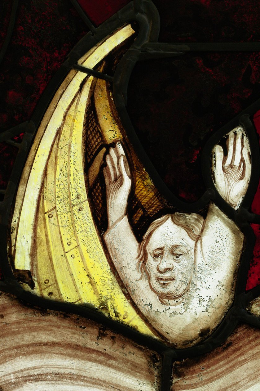 Zachovalá sekce z Velkého východního okna v York Minster: „Druhý anděl zní na trubku“ od English School