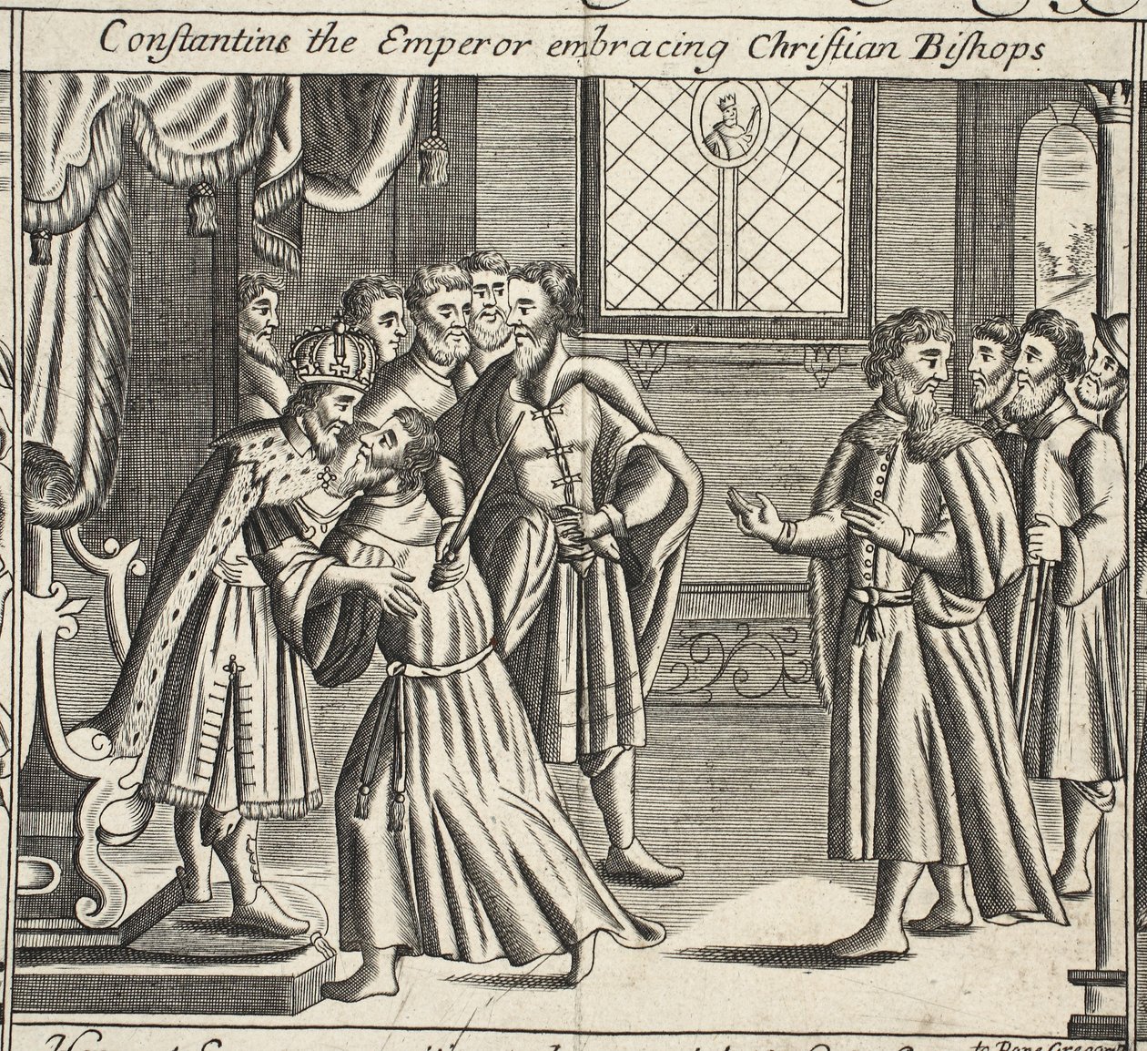 Constantin the Emperor objímající křesťanské biskupy, ilustrace z Acts and Monuments od Johna Foxe, deváté vydání, pub. 1684 od English School