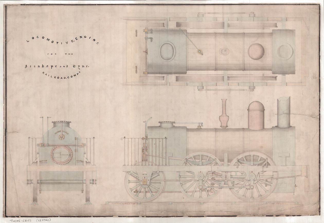 Konstrukční výkres, lokomotiva 0-4-2 a tendr od R. a W. Hawthornových a spol. pro Stanhope and Tyne Railway Co. od English School