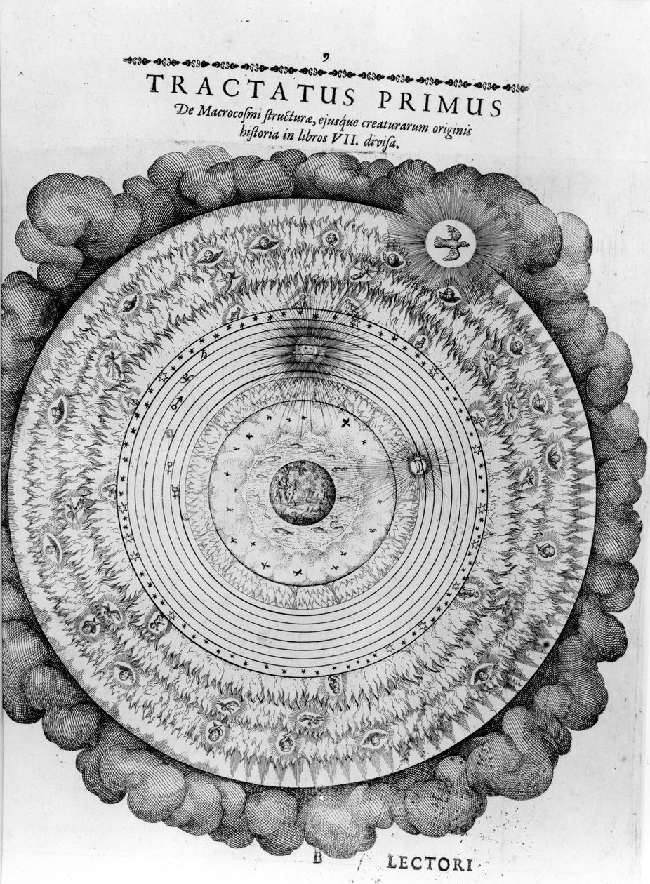 Stavba kosmu, z knihy Roberta Fludda „Utriusque Cosmi Historia“, 1619 od English School