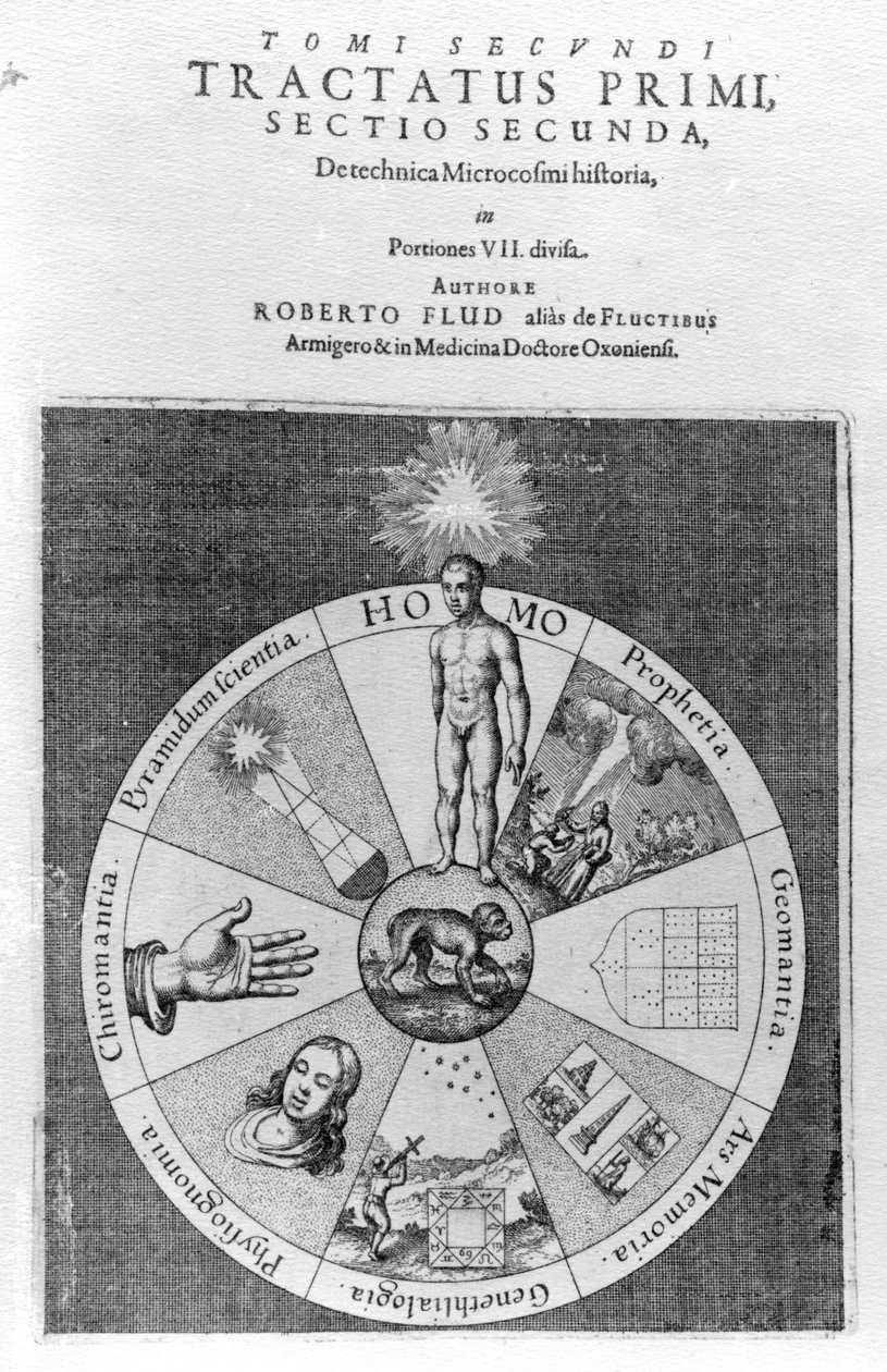 Stavba kosmu, z knihy Roberta Fludda „Utriusque Cosmi Historia“, 1619 od English School