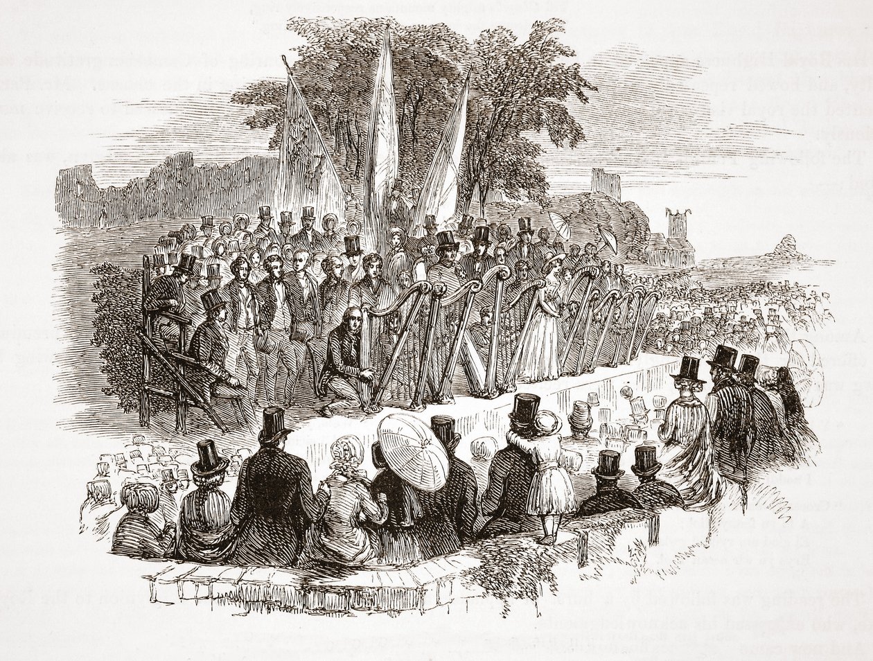 Soutěž o zlatou harfu v Royal Denbigh Eisteddfod před H.R.H. vévoda ze Susses v roce 1828 (ocelová rytina) od English School