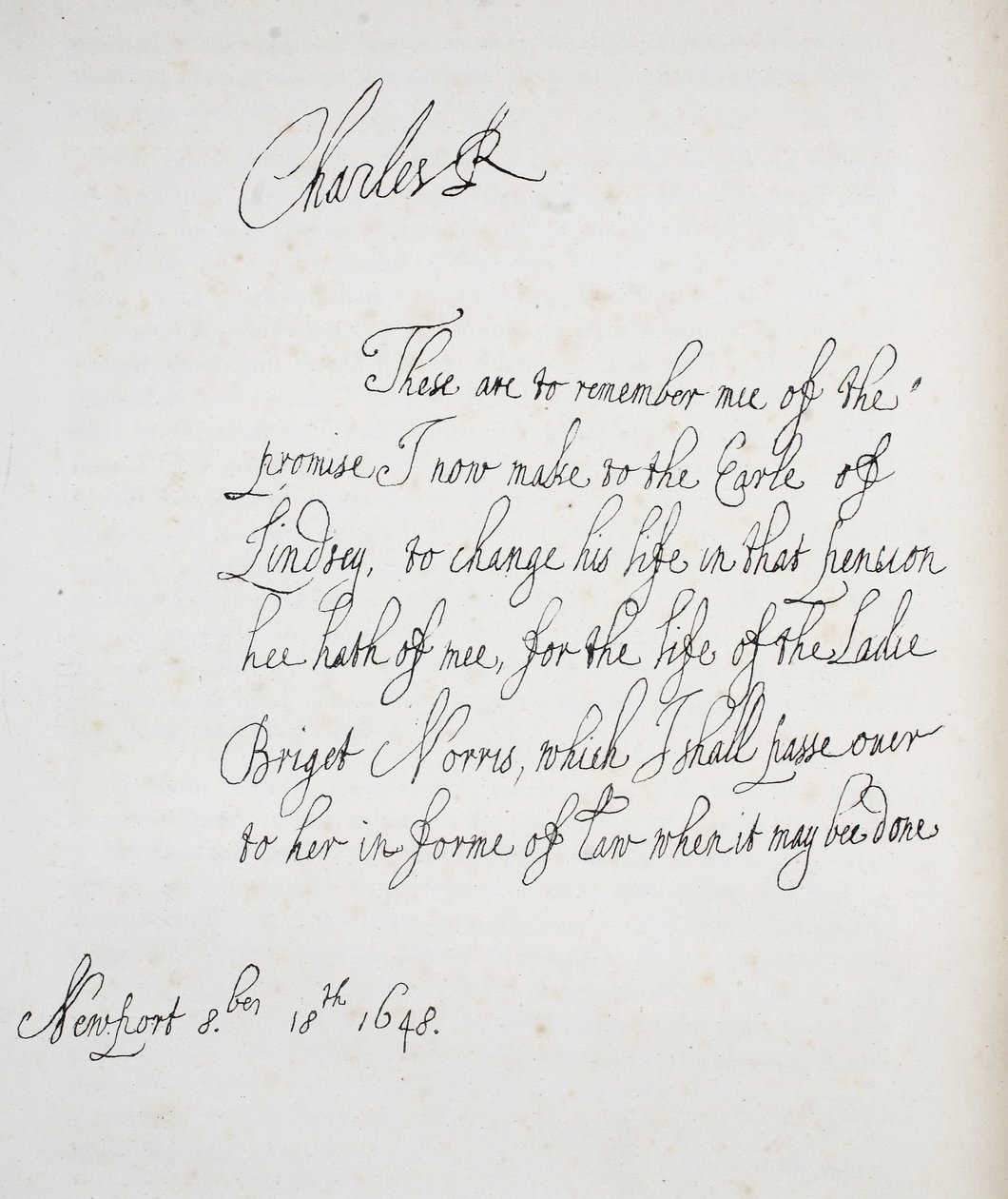 Kopie dopisu Karla II., 1648 od English School
