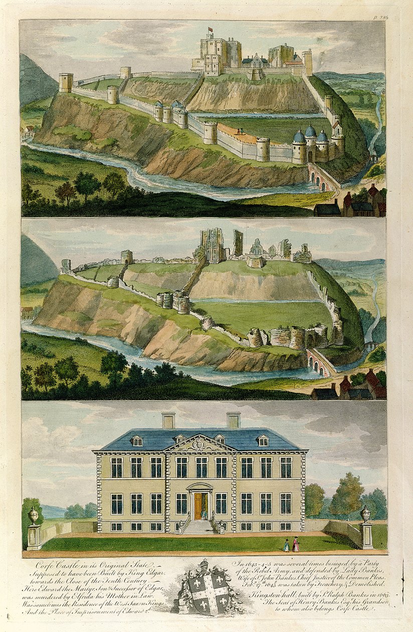 Hrad Corfe v původním stavu jako zřícenina a Kingston Hall, sídlo Henryho Bankese od English School