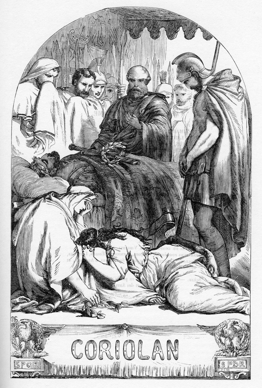 Coriolan (Coriolanus) – Ilustrace v „“ Completes de William Shakespeare““ 1866 – Ilustrace a obecná forma tohoto vydání jsou vypůjčeny z Cassellova ilustrovaného Shakespeara, vydaného v Londýně od English School