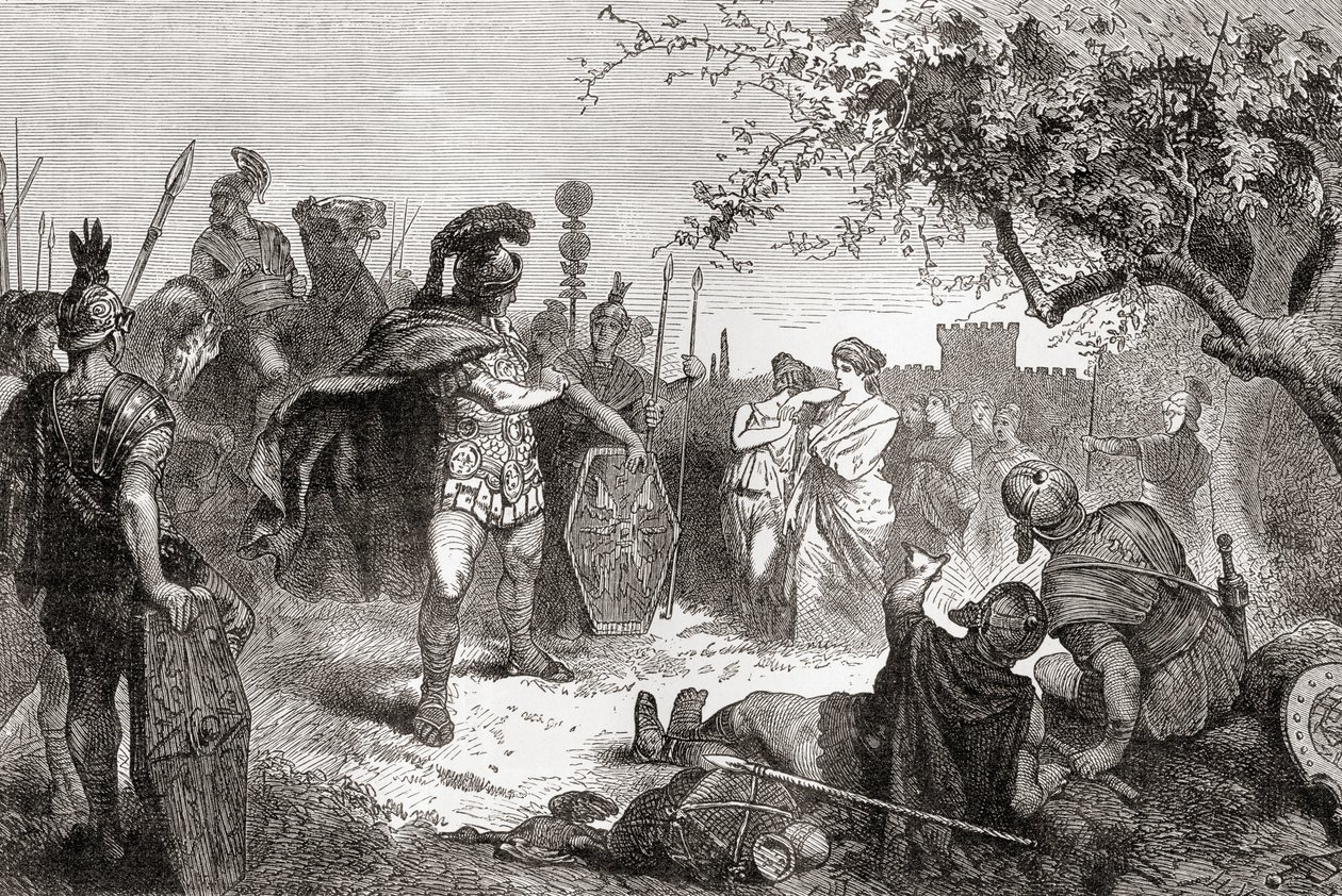 Coriolanus se po svém vyhnanství vrací do Říma jako nepřítel, z Wardovy a Lockovy ilustrované historie světa, vyd. cca 1882. od English School