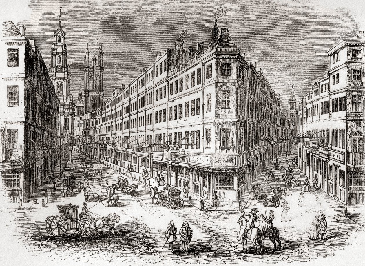 Cornhill, The Exchange a Lombard Street, Londýn, Anglie v polovině 19. století, ze staré Anglie: Obrazové muzeum, hospoda. 1847 od English School