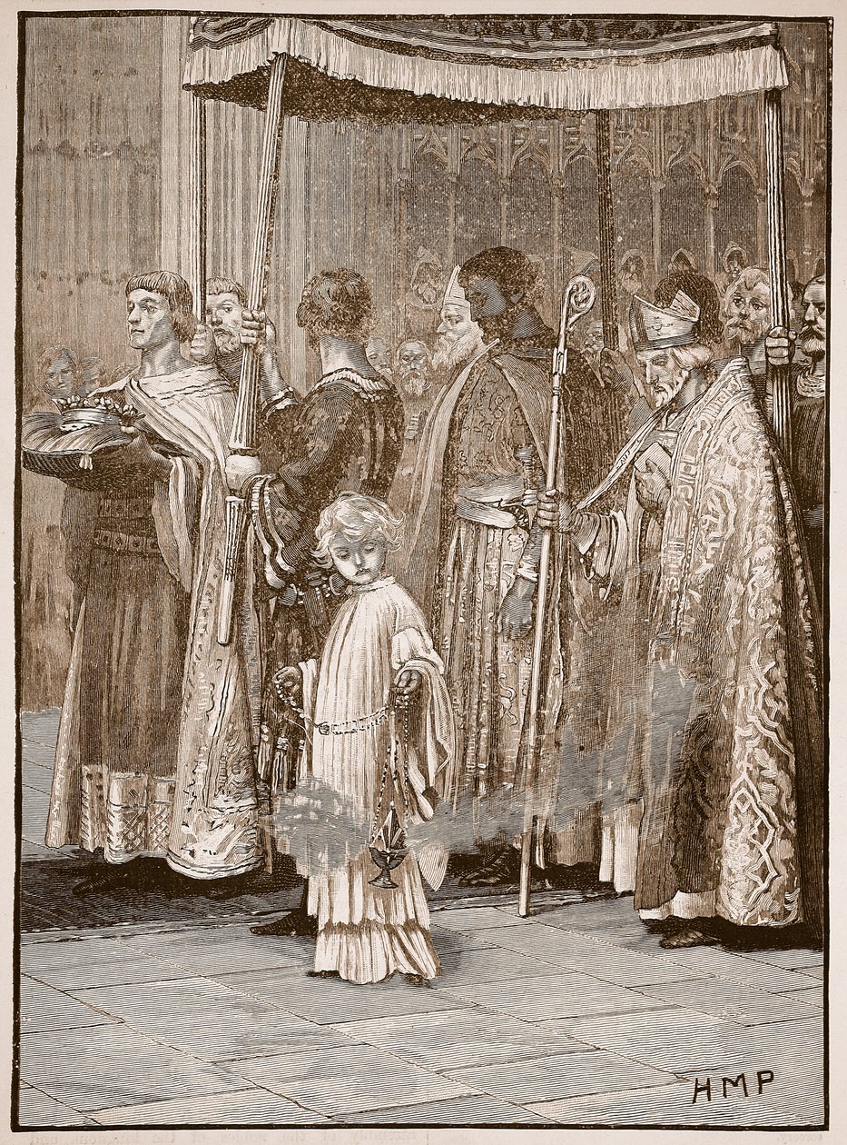 Richardova korunovace ve Westminsterském opatství: průvod podél oltáře, ilustrace z Cassells Illustrated History of England (sépiová fotografie) od English School