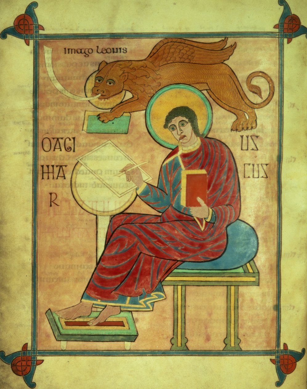 Cott Nero DIV f.93v Svatý Marek sedící se svým symbolem, z Lindisfarnských evangelií, 710-721 (vellum) od English School