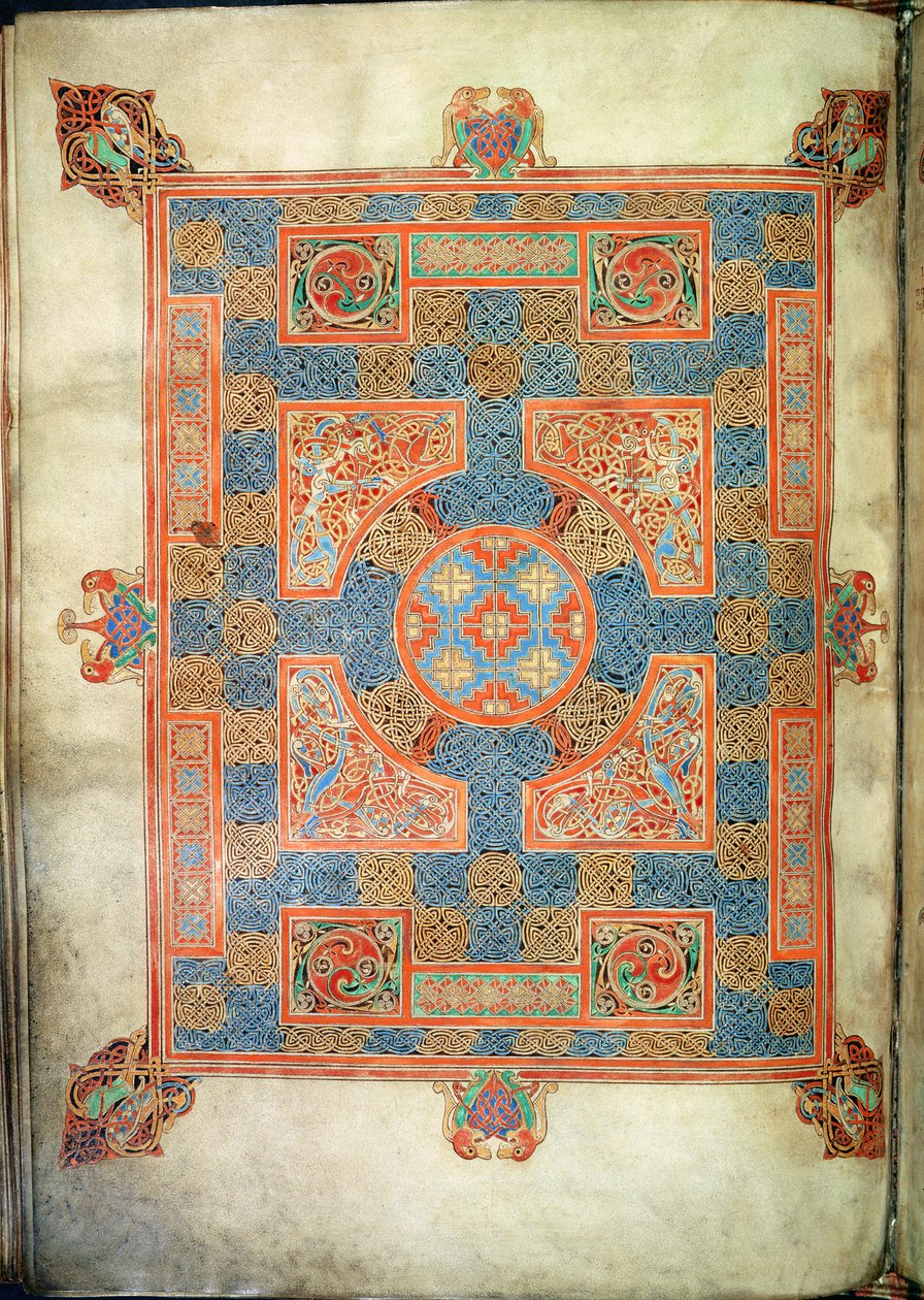 Cott Nero D. IV, f.94v Kobercová stránka otevírající evangelium sv. Marka, z Lindifarnských evangelií, 710-721 (vellum) od English School