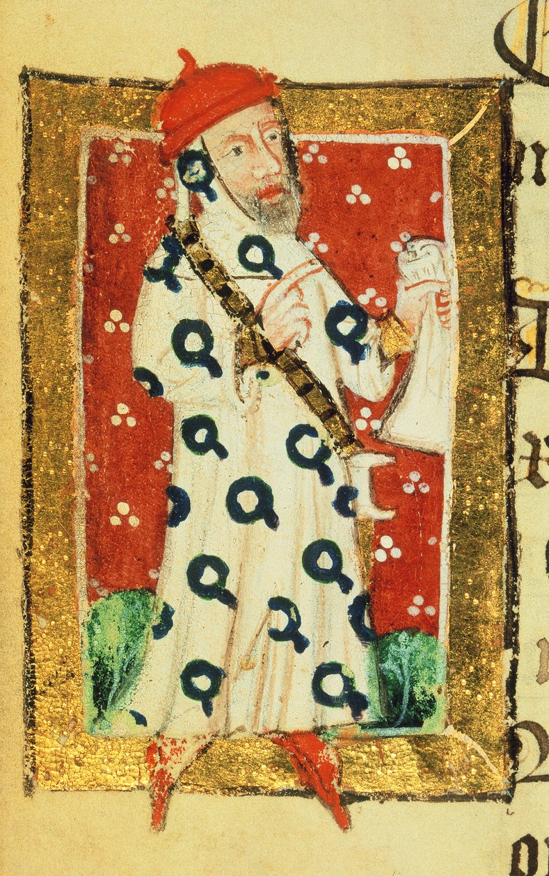 Cott Nero D VII f.105v Nigel Lorning, rytíř podvazku, z knihy Benefactors Book of St. Alban