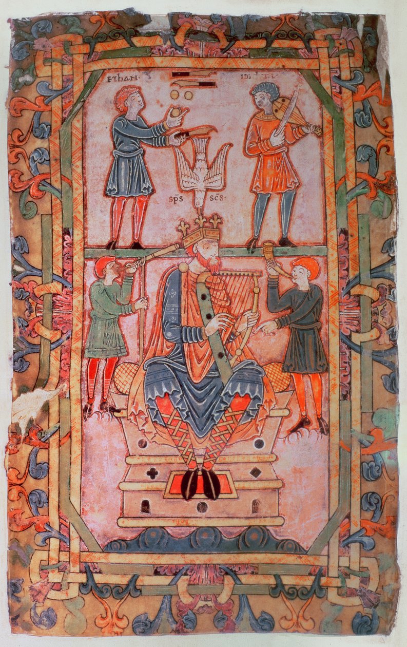 Cott Tib C VI f.30v David hraje na harfu, z Tiberius Psalter, Winchester, c.1050 (vellum) od English School