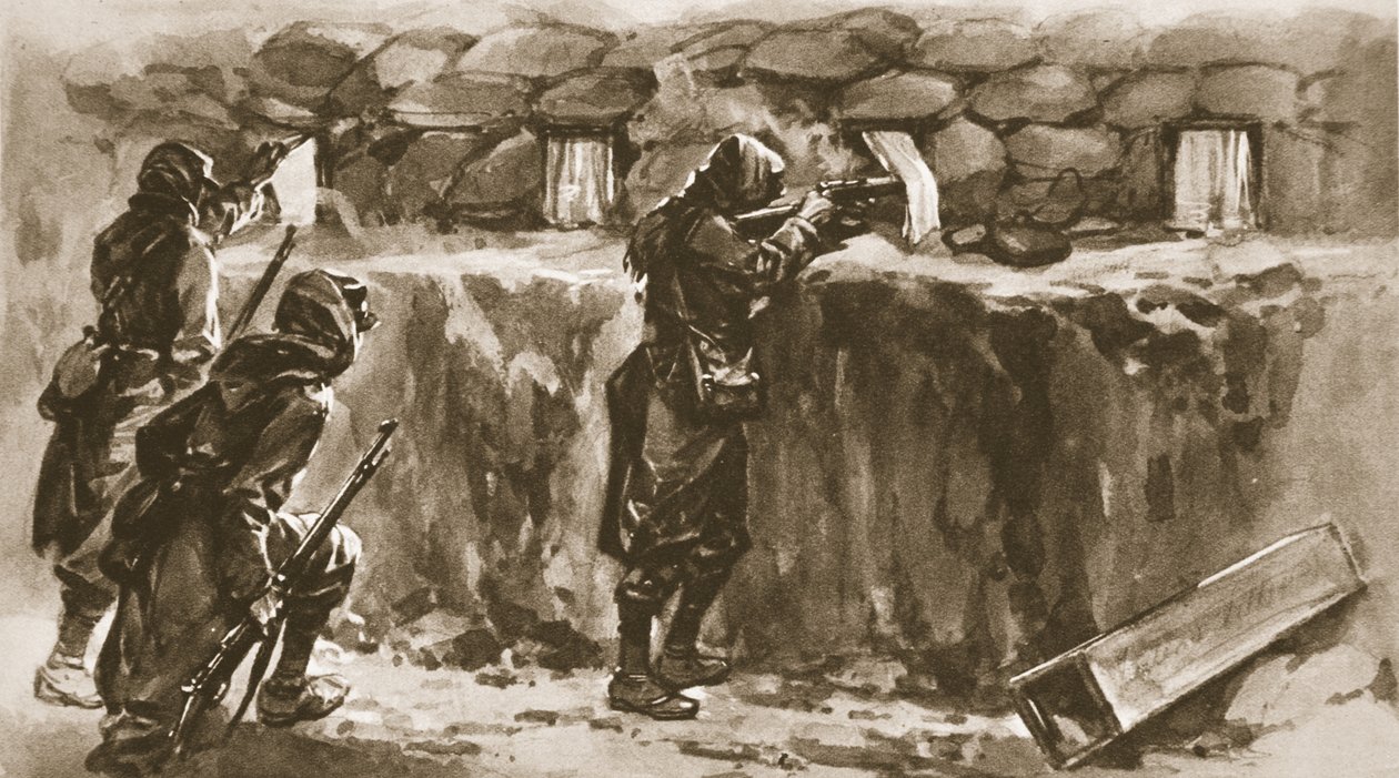 Závěsy na oknech chaty jako zákopové střílny: Francouzská pomůcka, jak zmást nepřátelského ostrostřelce, z The Illustrated War News, 1915 od English School