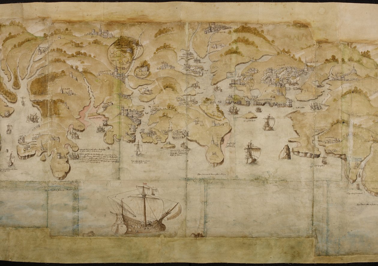 Bavlna Augustus I. i. 38 Mapa pobřeží mezi Fowey a Salcombe, včetně Plymouthu. Část panoramatické mapy pobřeží od Land