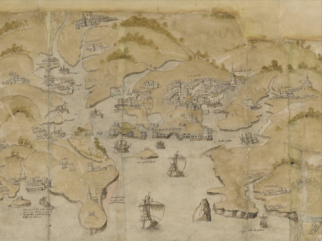 Bavlna Augustus I. i. 38 Mapa pobřeží mezi Fowey a Salcombe, včetně Plymouthu. Část panoramatické mapy pobřeží od Land
