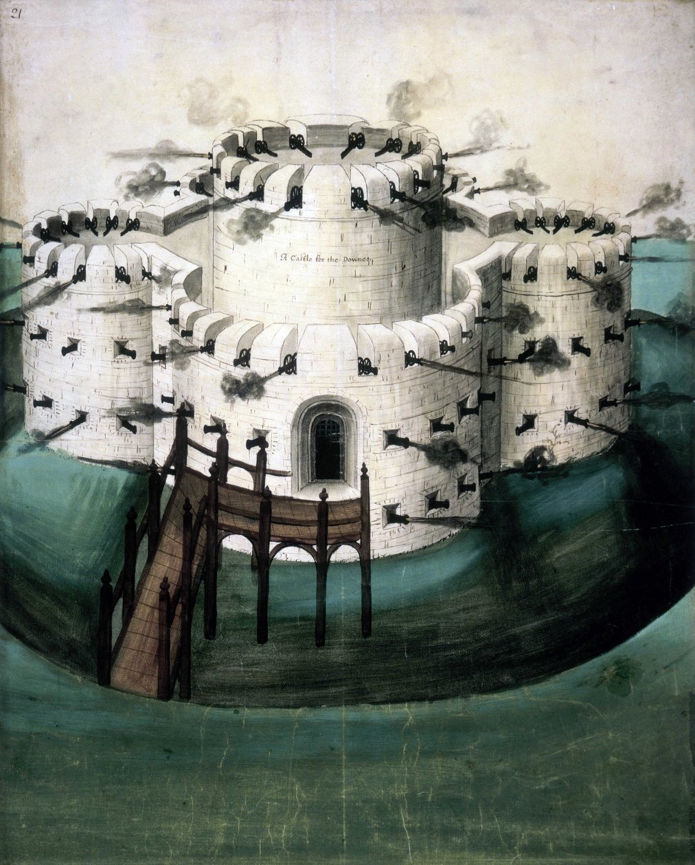 Cotton Augustus I i f.21, Design for Walmer and Sundown Castles („Hrad pro Downes“) od English School