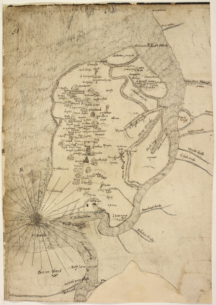 Cotton Augustus I.i f.51 Mapa ostrova Sheppey připisovaná kartografovi Robertu Lythe od English School