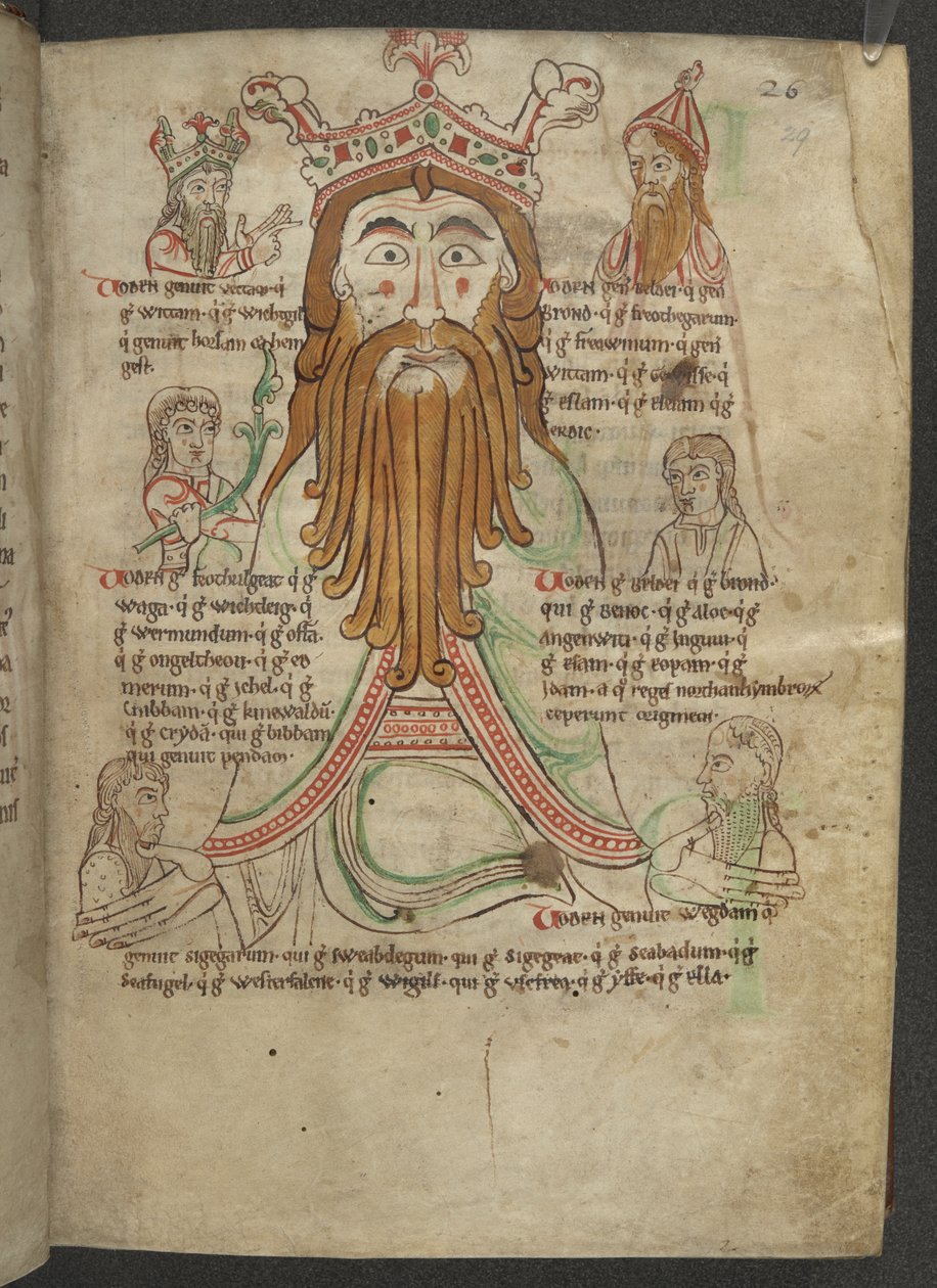 Cotton Caligula A. VIII, f.29 Kresba Wodena obklopeného jeho potomky; v traktu o Heptarchii, c.1153-66 (vellum) od English School