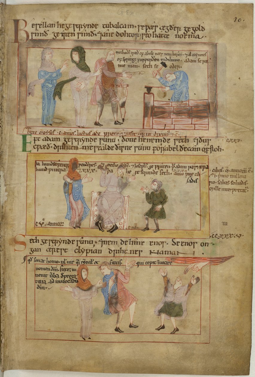 Bavlna Claudius B IV fol.10 Lámech a jeho dvě ženy a jeho syn Tubalcain, kovář, při práci (vellum) od English School