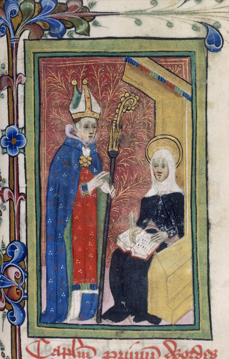 Cotton Claudius B. I, f.117 Svatá Bridget předkládá poselství od Krista biskupovi ze „Zjevení (Liber Celestis) sv. Brigity Švédské“, kolem 1410-20 (inkoust, barva a zlato na pergamenu) od English School