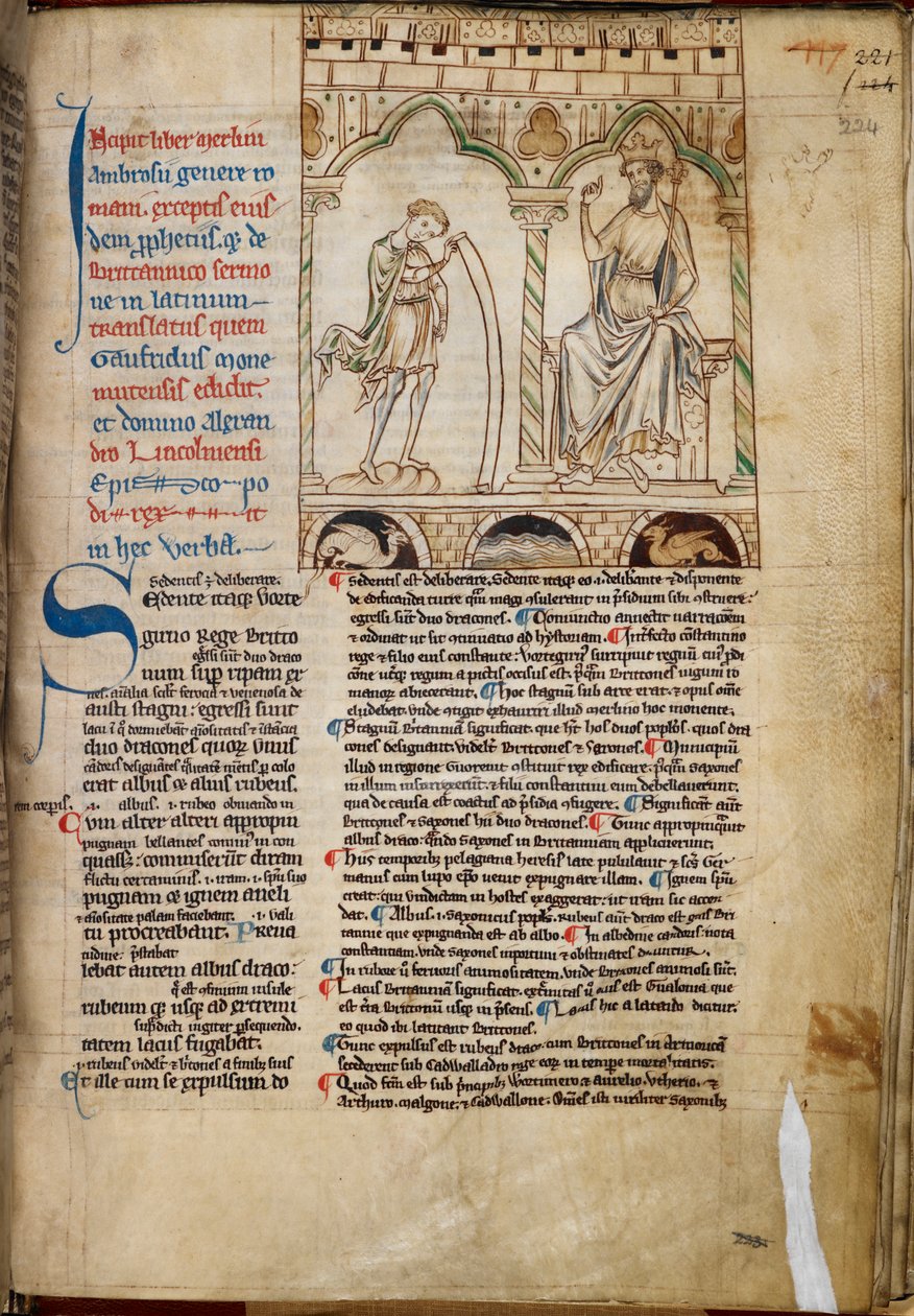 Cotton Claudius B. VII, f.224 Chlapec Merlin prorokuje před králem Vortigernem, ilustrace z 