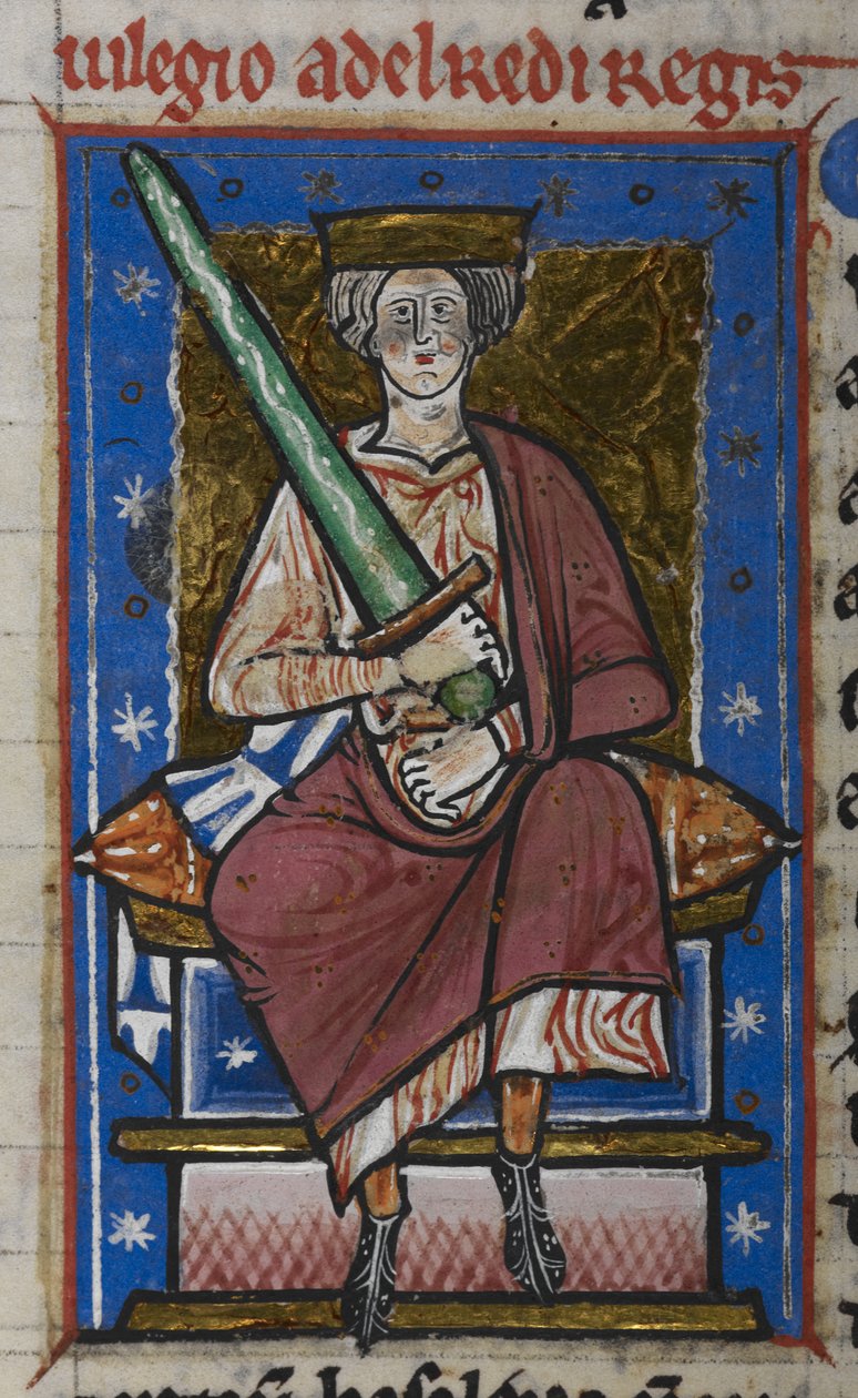 Cotton Claudius B. VI, f.87v Ethelred Nepřipravený s mečem, z „Kroniky Abingdonu“, kolem 1220 (vellum) od English School