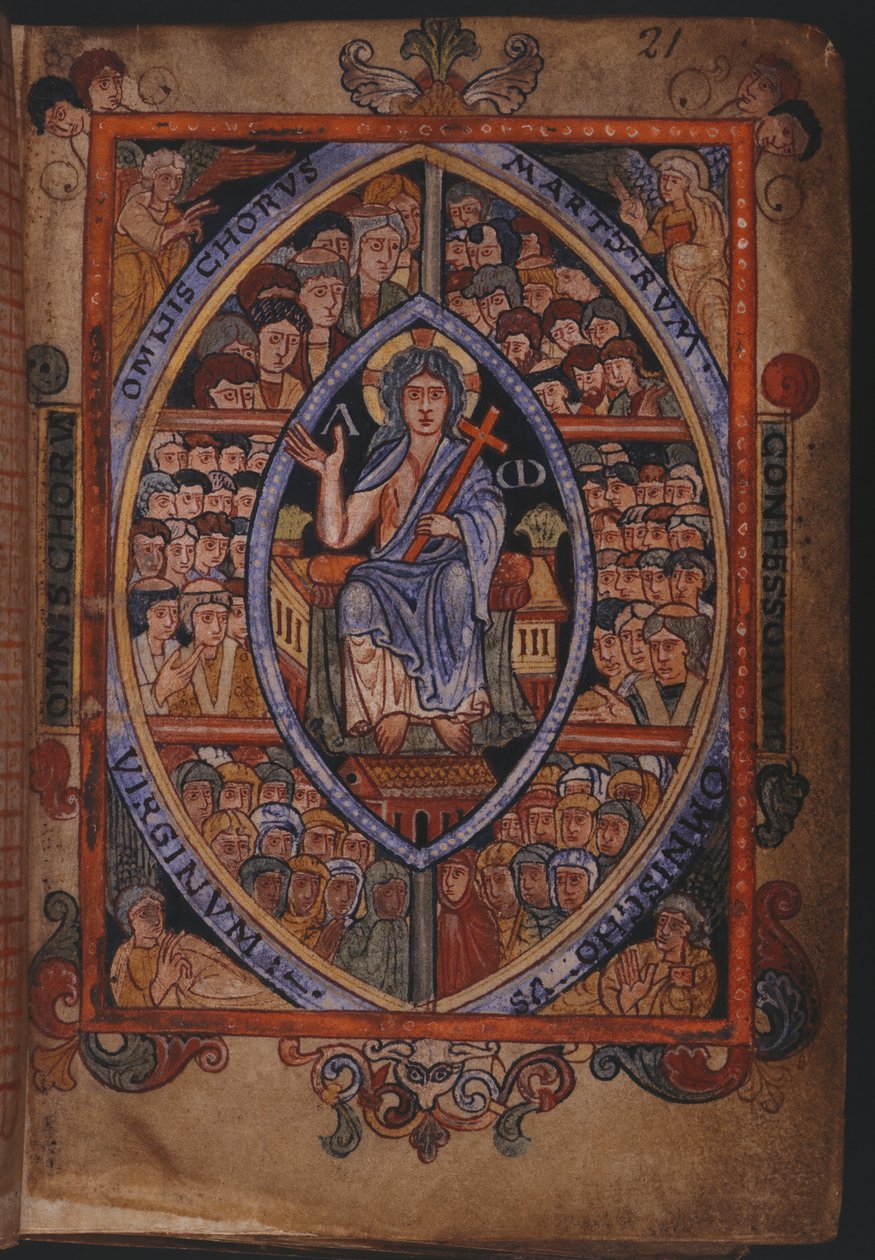 Bavlna Galba A. XVIII, f.21 Kristus trůnící se sbory mučedníků, vyznavačů a panen od English School
