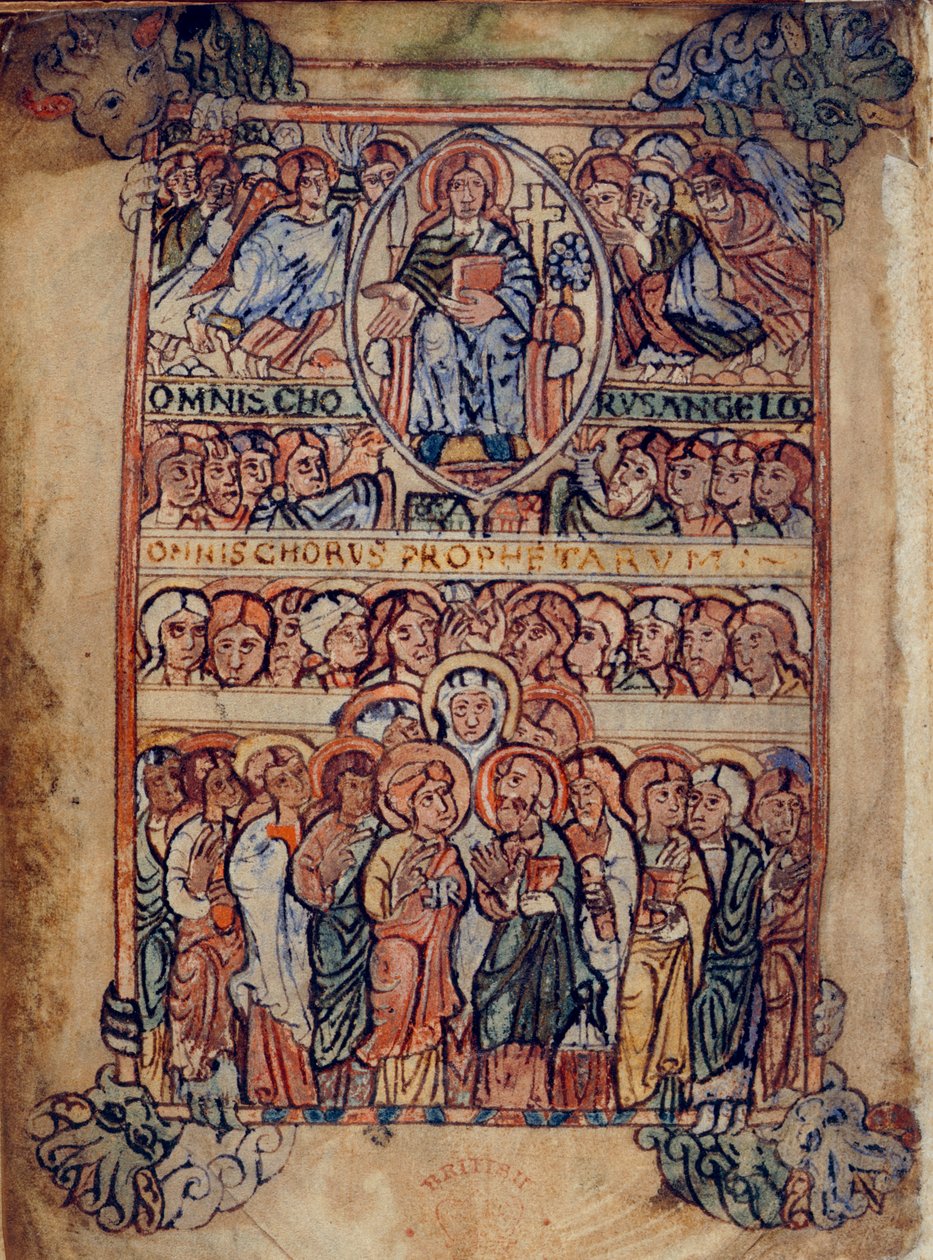 Bavlna Galba A. XVIII, f.2v Kristus ve majestátu obklopený náčiním umučení a sbory andělů a proroků, ilustrace z 