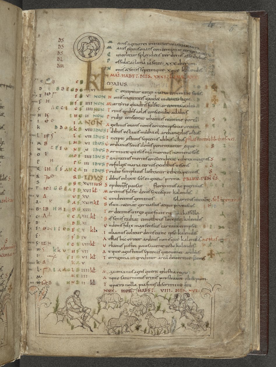 Cotton Julius A. VI, f.5, Kalendář na květen: Pastýři a stádo (vellum) od English School