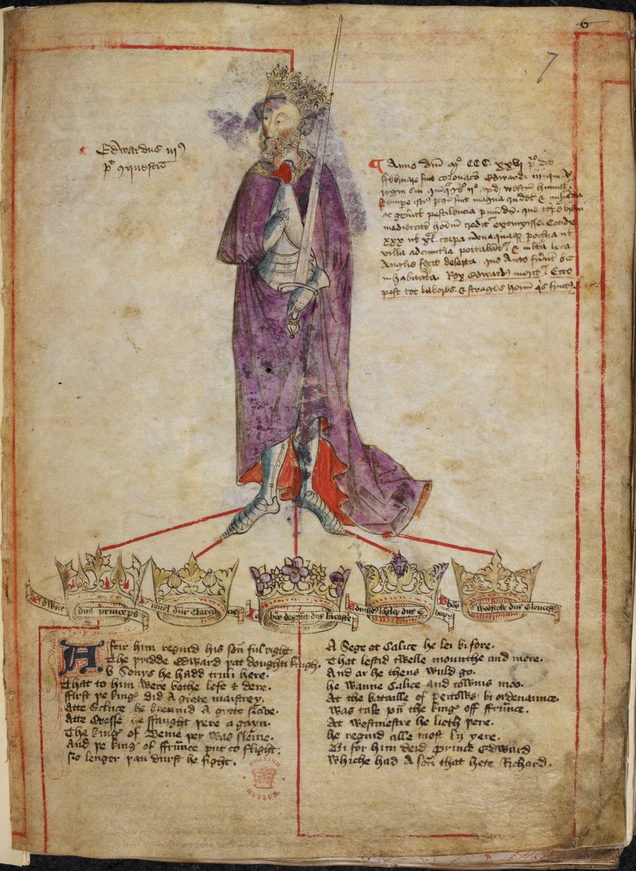 Bavlna Julius E. IV, f.7 Kresba Edwarda III., s krátkým popisem jeho vlády a řádky z „veršů o anglických králích od Viléma I. po Jindřicha VI.“, po roce 1431 (vellum) od English School