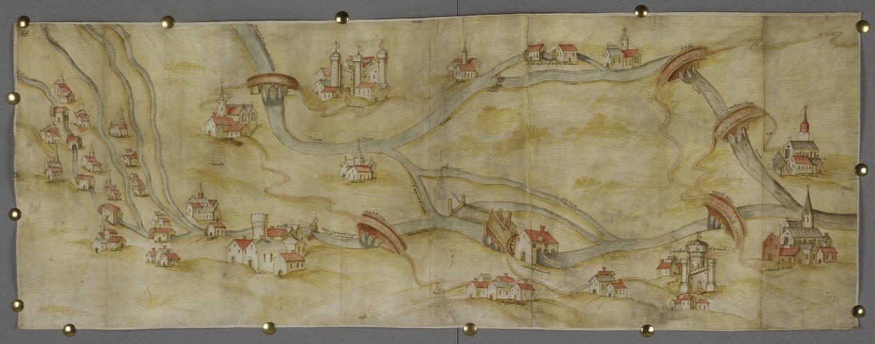 Cotton MS Augustus I i 65 Mapa řeky Trent a jejích přítoků mezi Nottinghamem a Newarkem, kolem 1540 (pero a inkoust s akvarelem na papíře) od English School