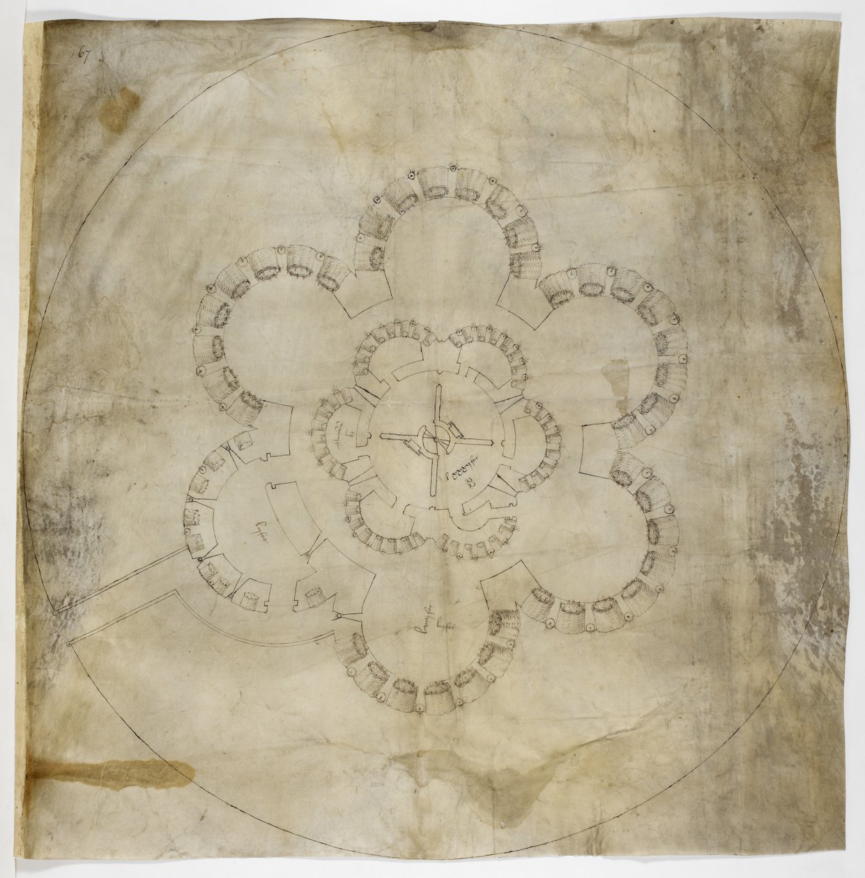 Bavlna MS. Augustus I.i.67 Půdorys hradu Deal (inkoust na pergamenu) od English School