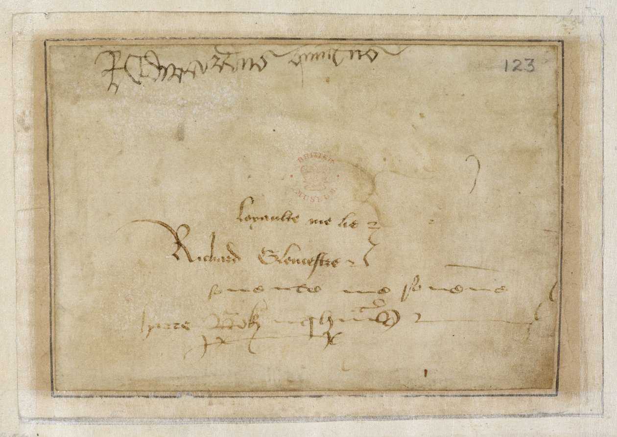 Bavlna MS Vespasian F XIII f.123 Richardův podpis „loyalty me lie“ vedle podpisu Edwarda V. od English School