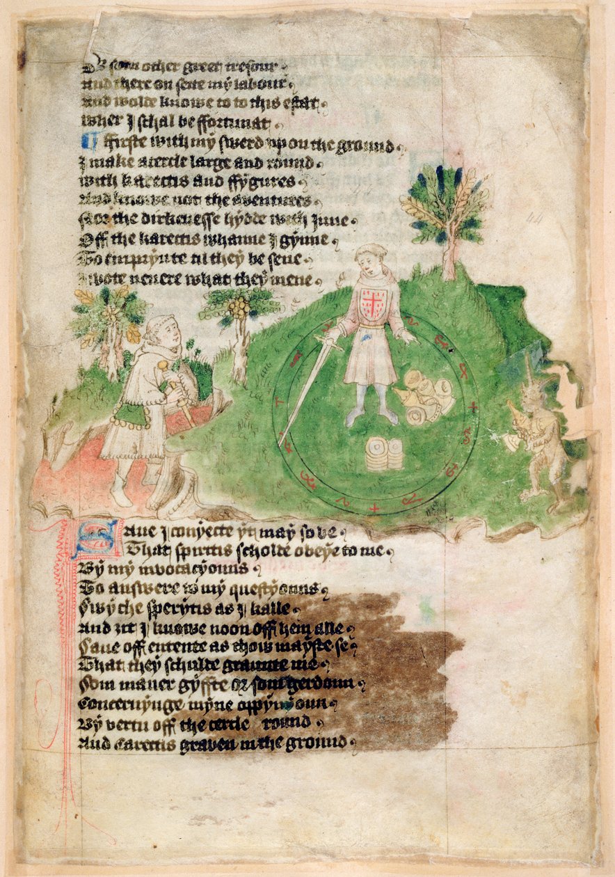 Cotton Paní Tiberius A vii fol.44 Démoni přinášející poklad kouzelníkovi (vellum) od English School