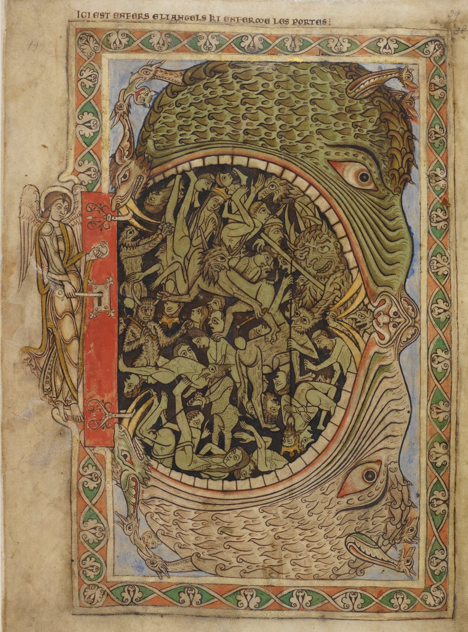 Bavlna Nero C IV f.39 Pekelné čelisti sevřené andělem, z žaltáře Jindřicha z Blois, kolem 1121-61 (vellum) od English School