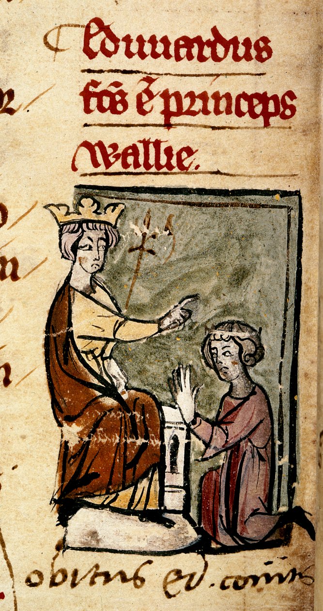 Cotton Nero D. II, f.191v Edward z Caernarvonu (Edward II) vytvořil prince z Walesu a hraběte z Chesteru svým otcem, králem Edwardem I., v parlamentu v Lincolnu, 7. února 1301, z „Chronica Roffense“ od Matthewa. Paříž (vellum) od English School