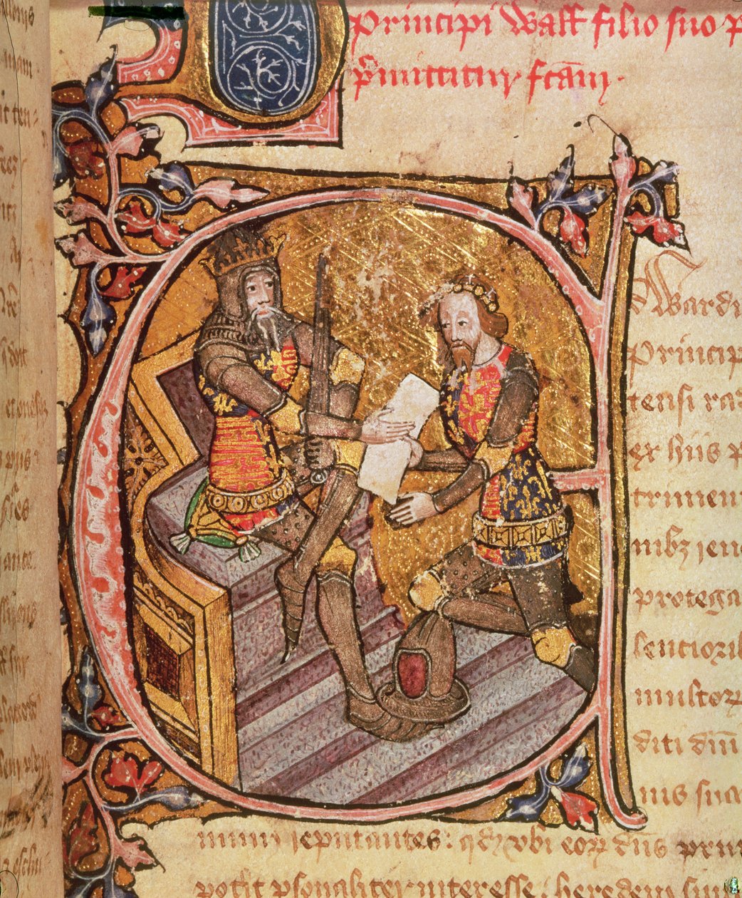 Bavlna Nero D VI fol.31 Edward III uděluje Černému princi Akvitánské knížectví od English School