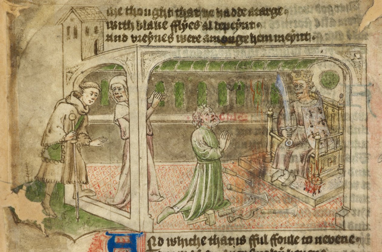 Cotton Tiberius A. VII, f.65v, Dům modlářství, s poutníkem vstupujícím a mužem uctívajícím korunovanou modlu (vellum) od English School