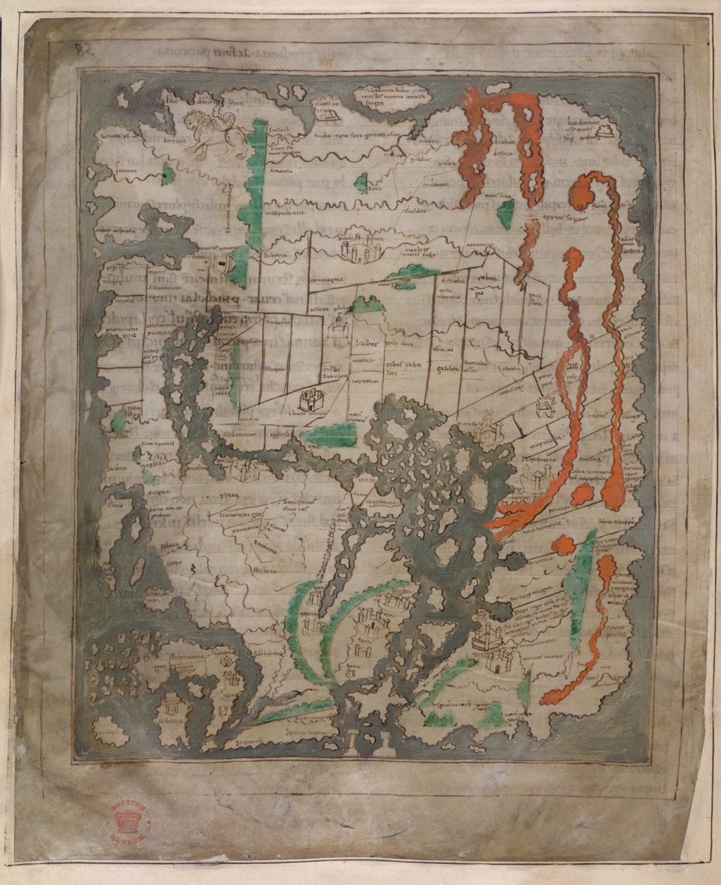 Cotton Tiberius B.V, část 1, f.56v Mapa Tiberia, Mappa Mundi (vellum) od English School