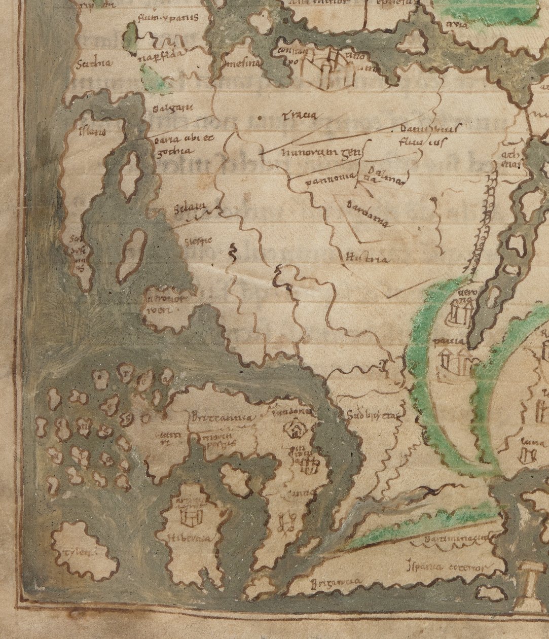 Cotton Tiberius B.V, část 1, f.56v Mapa Tiberia, Mappa Mundi, detail západní Evropy a Britských ostrovů (vellum) od English School