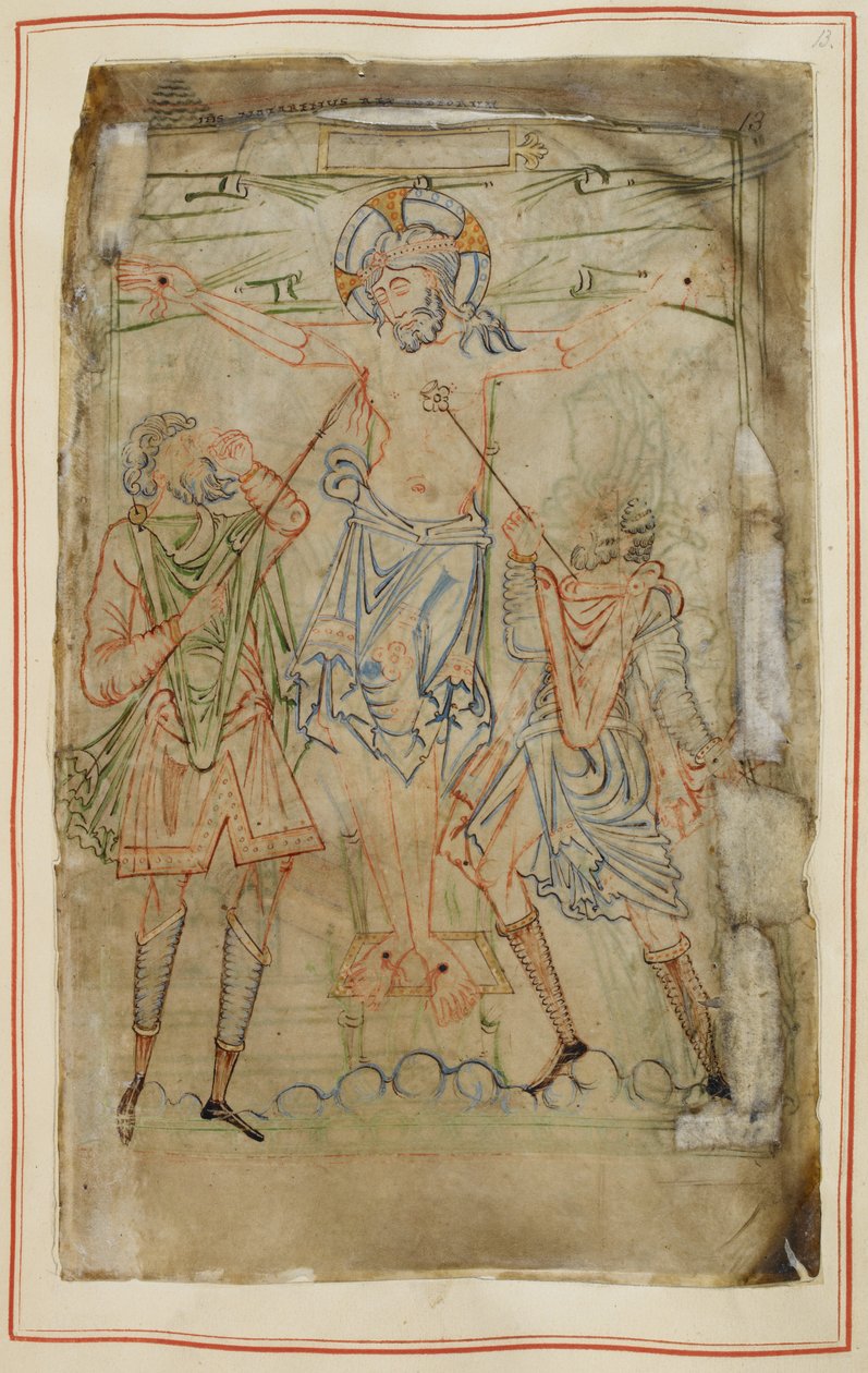 Bavlna Tiberius C. VI, f.13 Ukřižování, z Tiberiova žaltáře, kolem roku 1050 (vellum) od English School