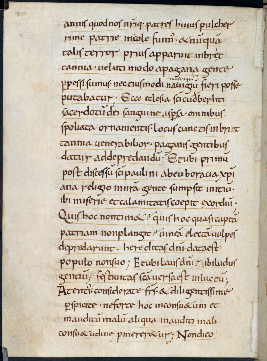 Cotton Vespasian A. XIV, f.126v Dopis Alkuina s úctou k útoku Vikingů na Lindisfarne v roce 793 (inkoust na pergamenu) od English School