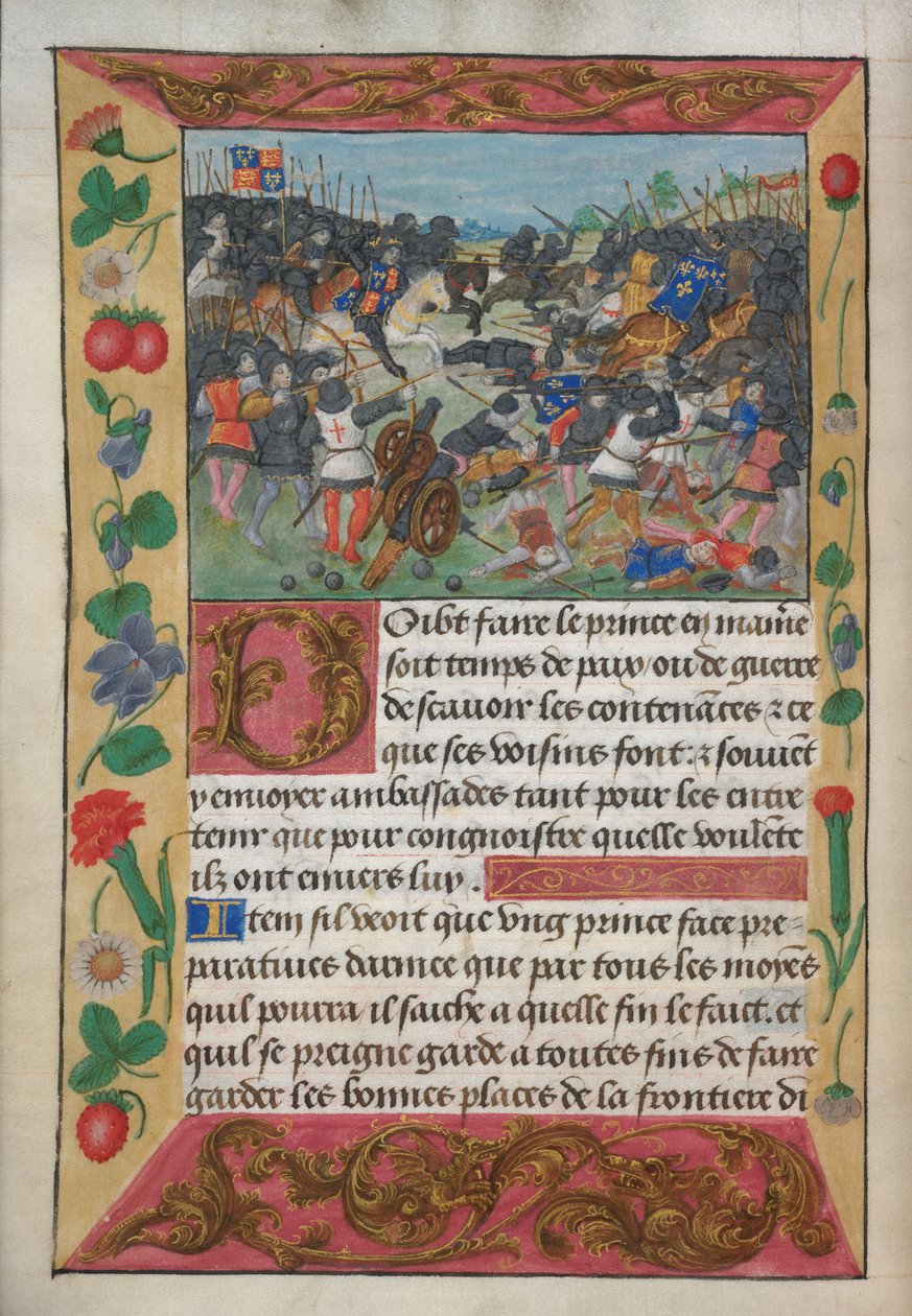 Bavlna Vespasian A xvii, f.13v, Anglický král nasedl na bílého koně, pronásledoval prchajícího krále Francie, z Manuálu Roberta de Balsaca o válčení pro poučení prince, kolem 1490 (vellum) od English School