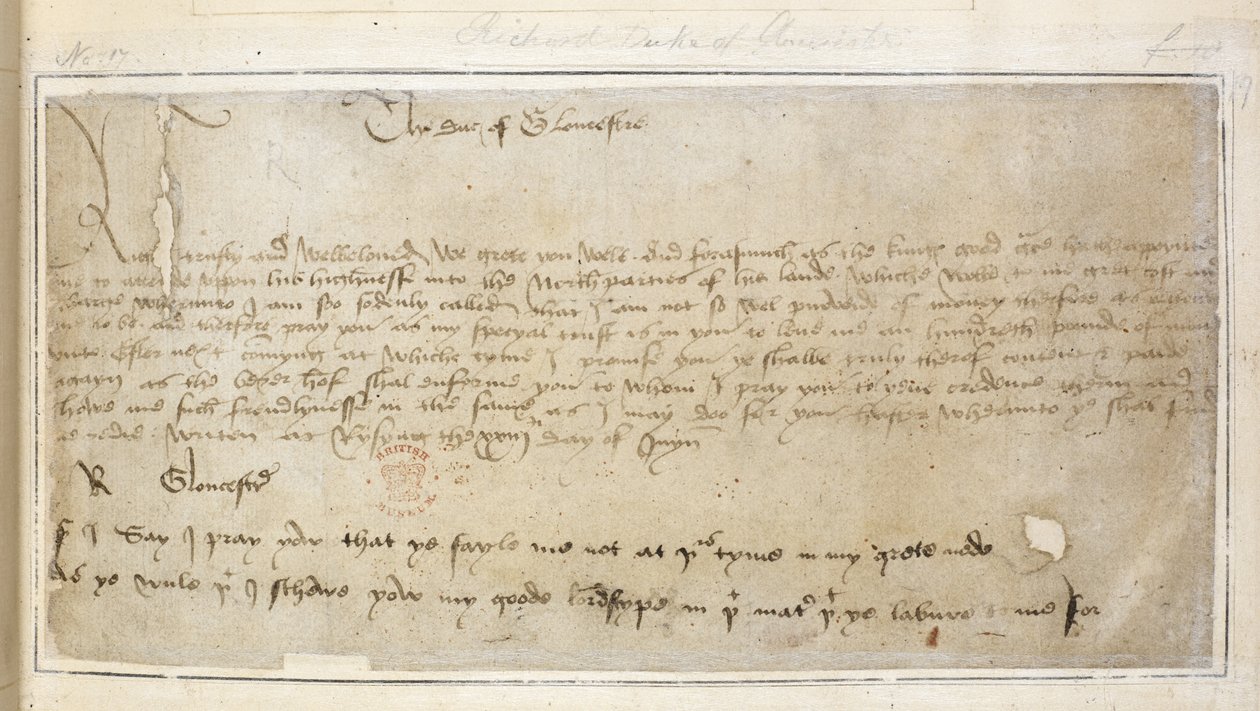 Cotton Vespasian MS F III f.19 Richardův první dochovaný dopis Siru Johnu Sayovi od English School