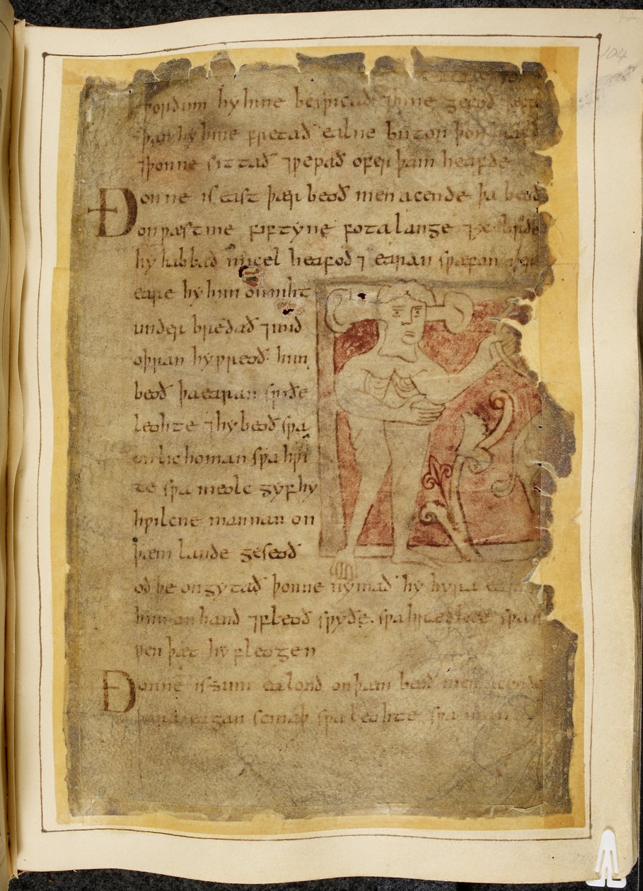 Bavlna Vitellius A. XV f.104r, A panotii, tj. muž s ušima vyčnívajícími na stopkách, držící předmět, který vypadá jako luk, ilustrace od Beowulfa, z 