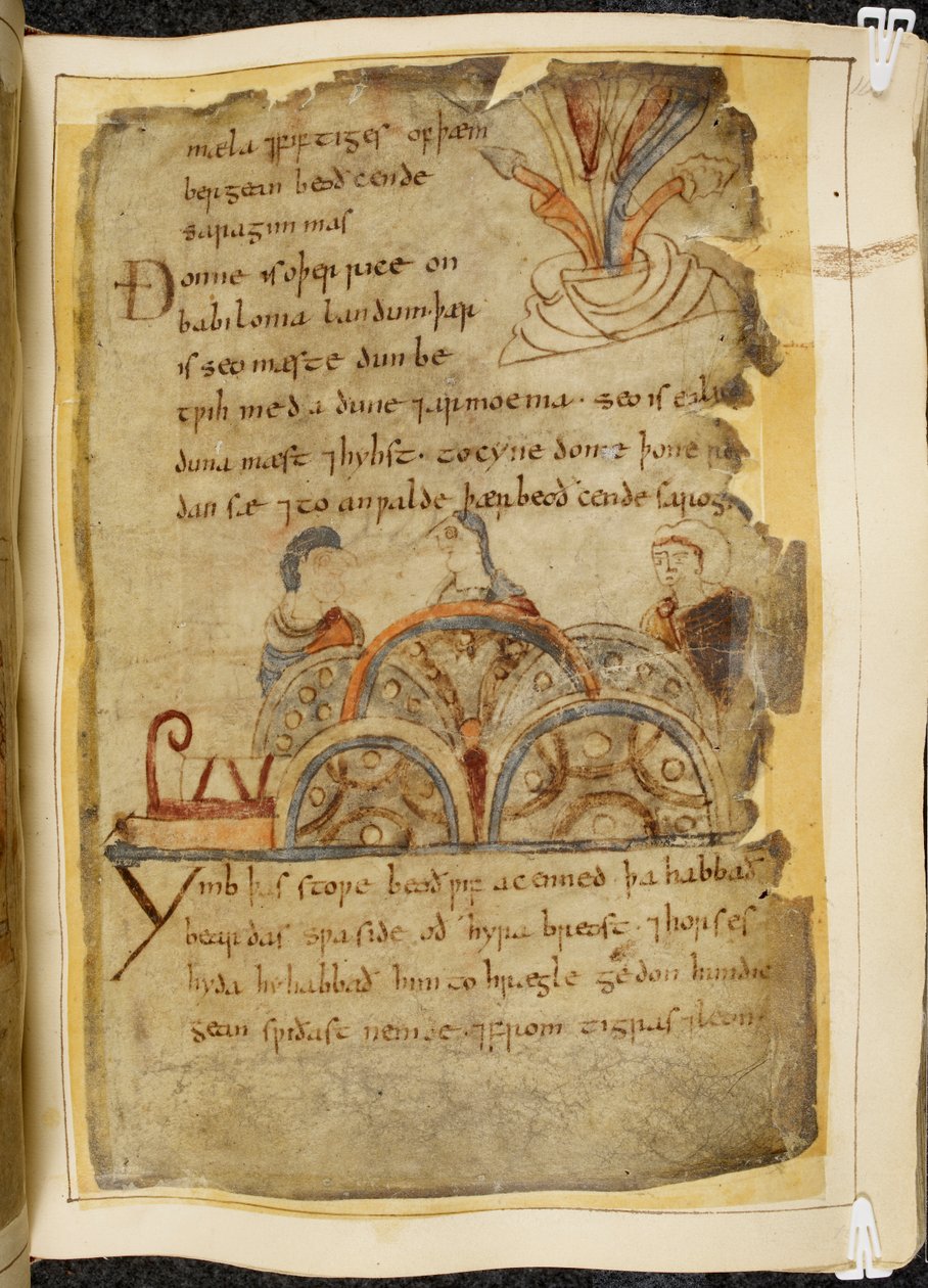 Bavlník Vitellius A. XV f.105, zlatá réva; tři mluvící lidé představující laskavý národ, který vládne Rudému moři, kde se nacházejí ty nejlepší perly, ilustrace od Beowulfa, z „Nowellova kodexu“ (inkoust na pergamenu) od English School