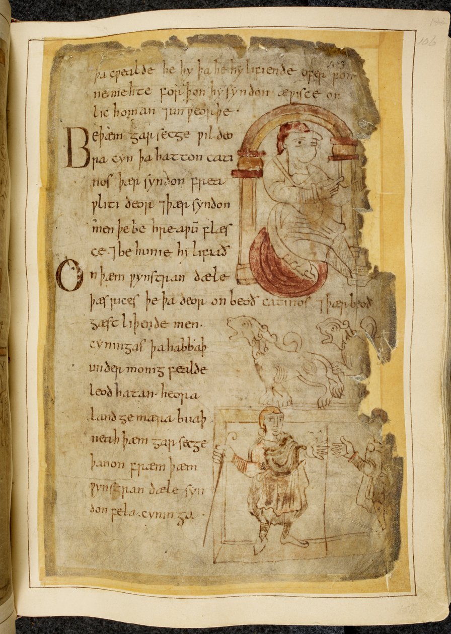 Bavlna Vitellius A. XV f.106r, Muž sedící na polštáři pod obloukem; dvě catini, zvířata s otevřenou tlamou jako psi; muž v róbě s holí, natahující ruku k jinému muži, ilustrace od Beowulfa, z „Nowellova kodexu“ (inkoust na pergamenu) od English School