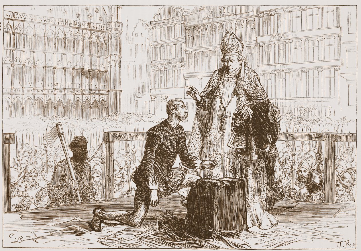 Hrabě Egmont na lešení před jeho popravou, ilustrace z 