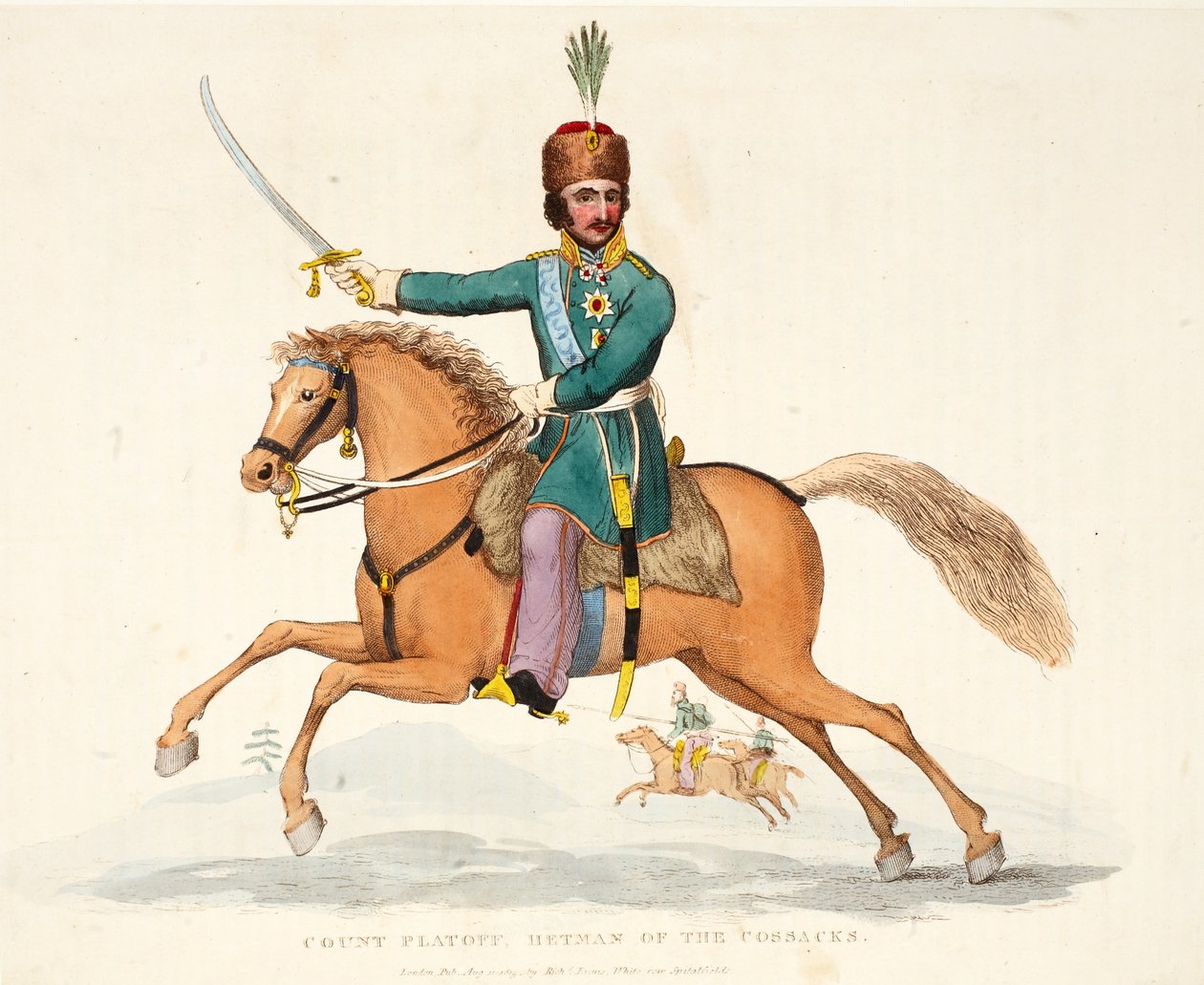 Hrabě Platoff, hejtman kozáků, hospoda. od Richarda Evanse, engr Romney, ilustrace z Historický popis bitvy u Waterloo od Williama Mudforda, 1816 od English School