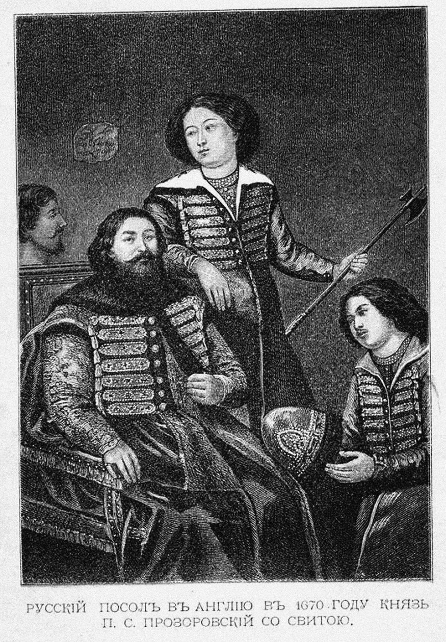 Hrabě Pjotr Semjonovič Prozorovský se svým velvyslanectvím v Anglii v roce 1670 od English School